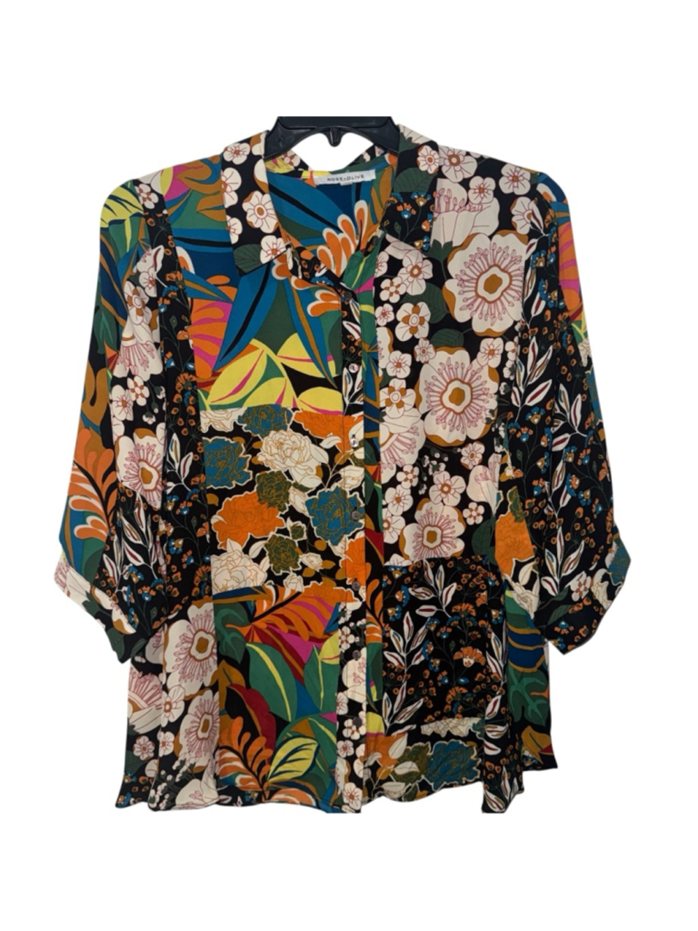 ROSE + OLIVE Button Down Shirt 1X Multi-color Floral 3/4 Sleeve
